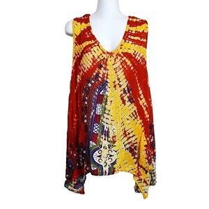 Belma New York Top OS Plus Yellow Red Sleeveless Tunic Pockets Tie Dye Batik